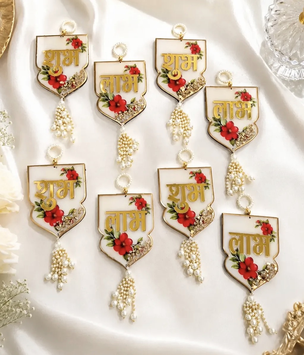 Floral Shubh Labh with Pearl Tassels