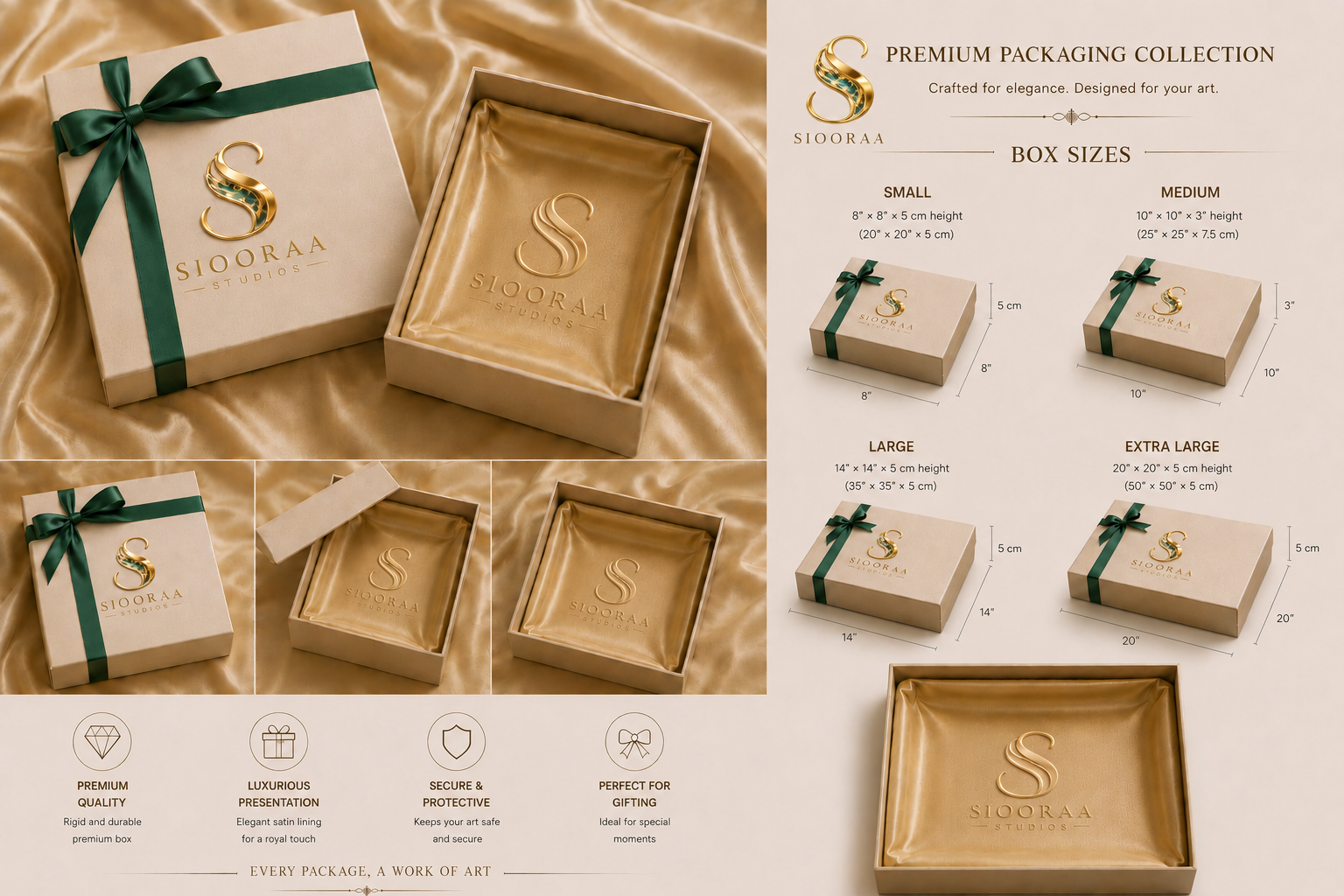 Siooraa Studios premium packaging collection and box sizes