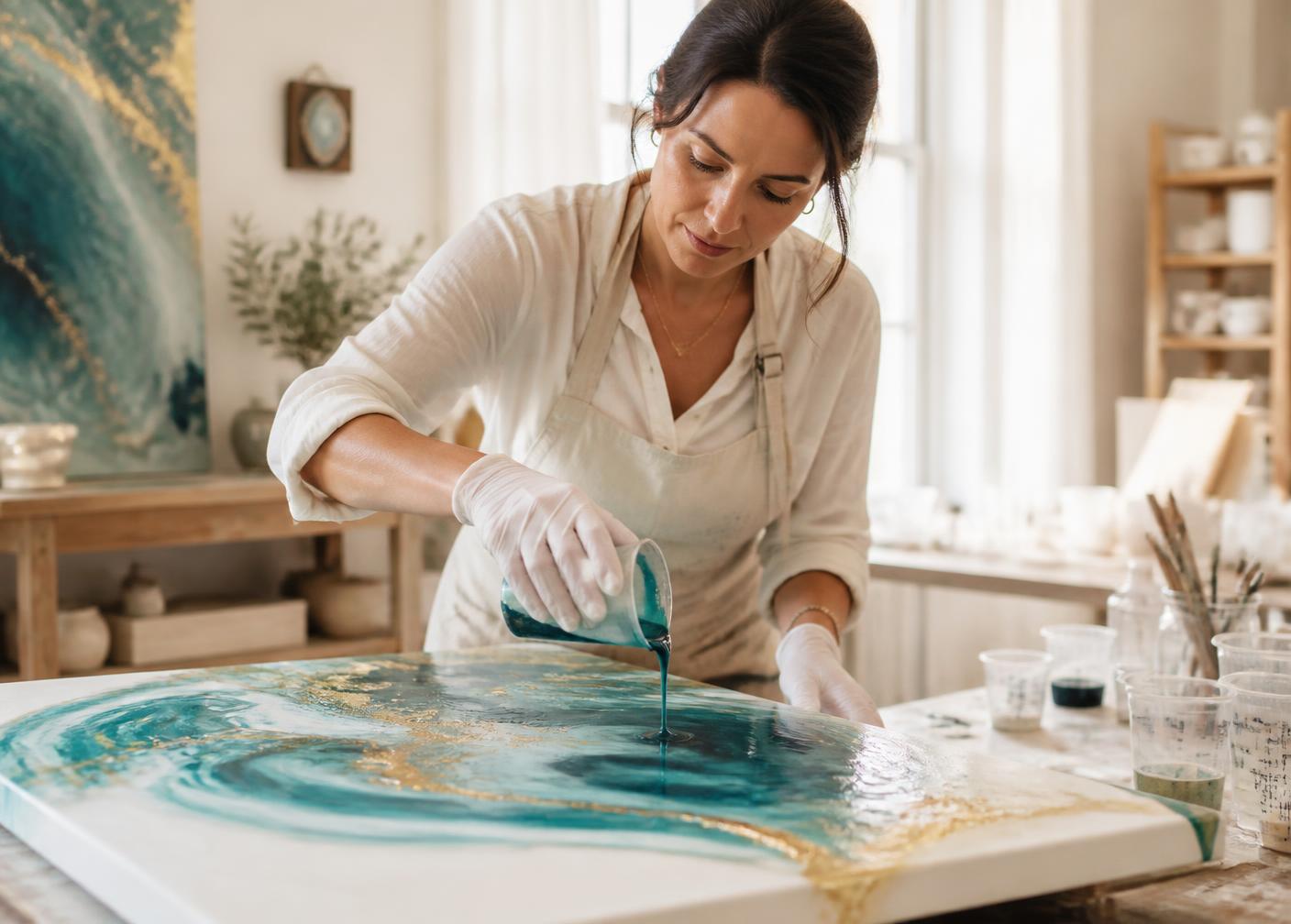 An artisan pouring teal and gold resin onto a canvas in a sunlit studio