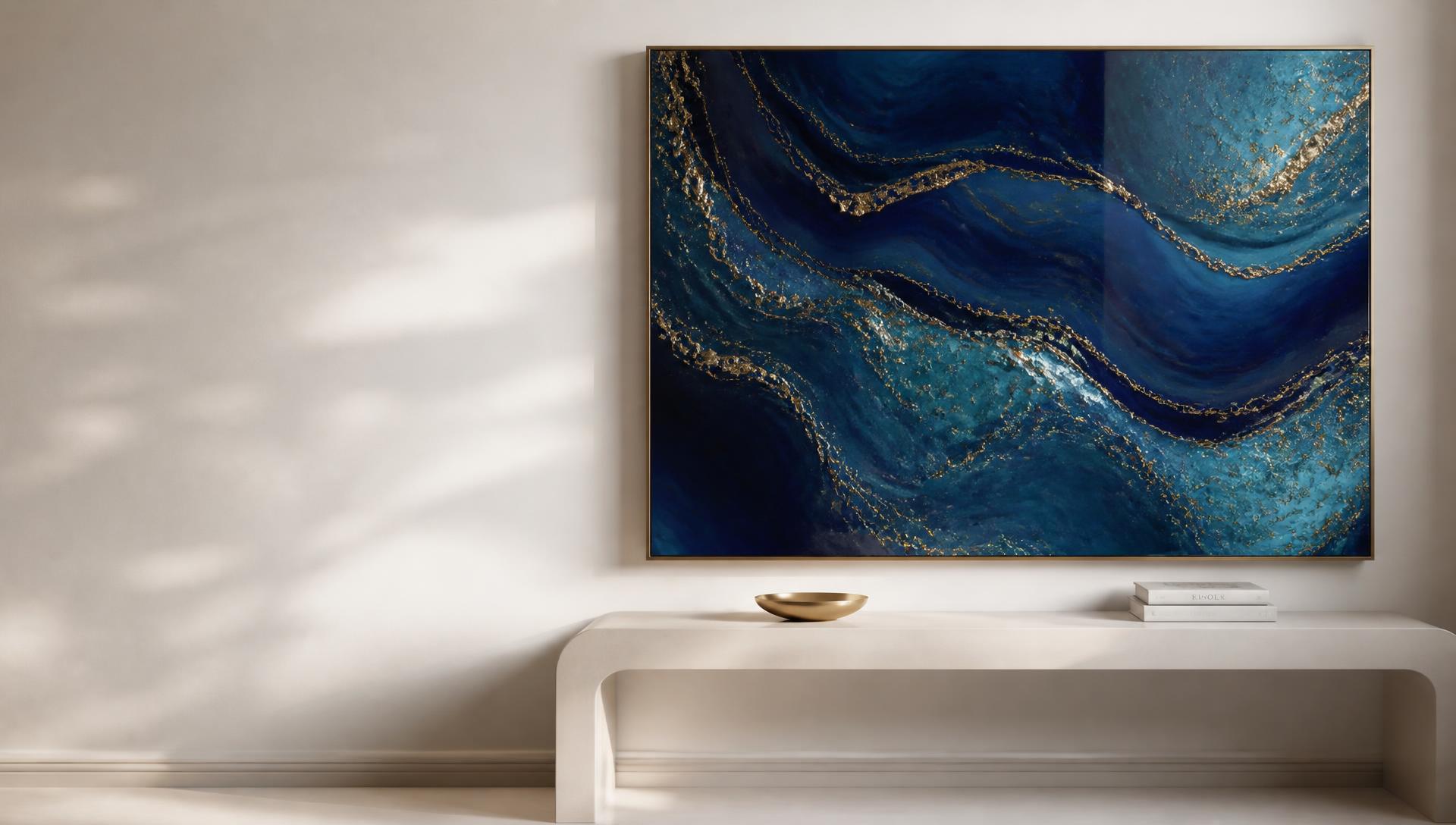 Handcrafted resin artwork in deep blue and gold above an ivory console